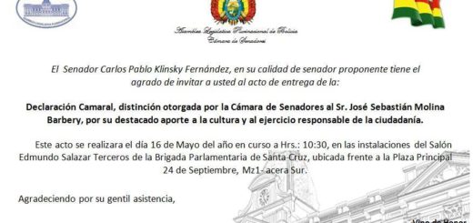 Imagen de la invitación de la Cámara de Senadores para el acto de distinción de Sebastián Molina en Santa Cruz.
